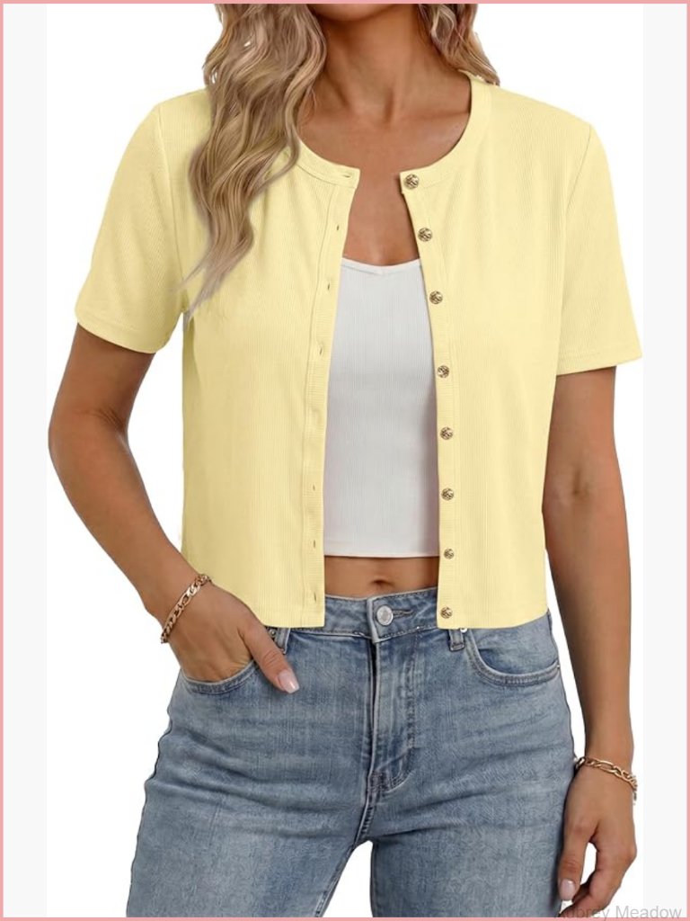 Womens Short Sleeve Button Down Cropped Cardigan Ribbed Going Out Top